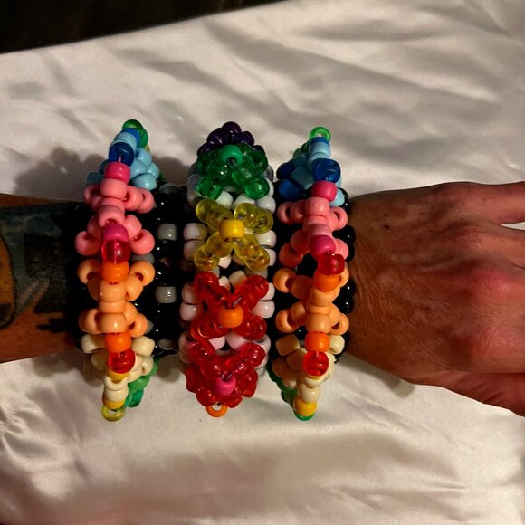 Handmade Rainbow over B&W Kandi Rotator Cuff Bracelet for Festivals & Gifts - Picture 1 of 2